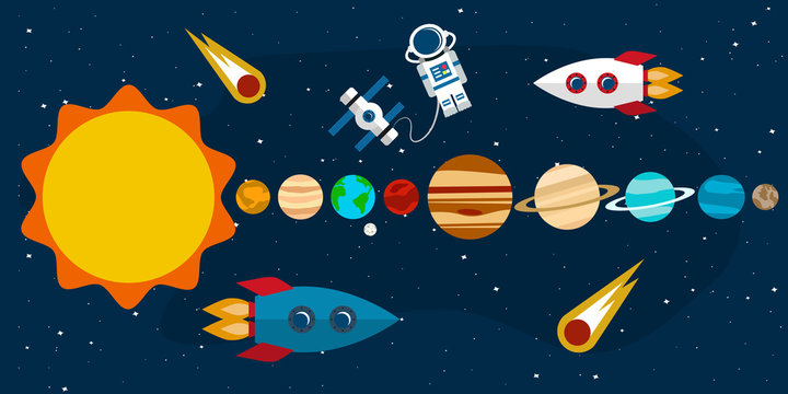 Planets of the solar system, comets, rockets and a space station with an astronaut in the background of an open space. Vector illustration in a flat style