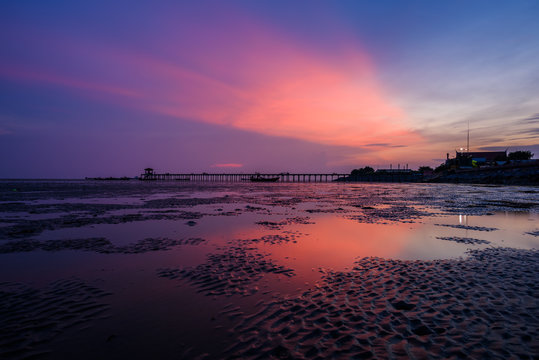 Silhouette Sunset at Wat Sichan Pradit Temple, Samut Prakan Province, Thailand
