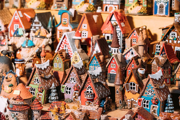 Traditional Souvenirs Small House Toys At European Market. Funny