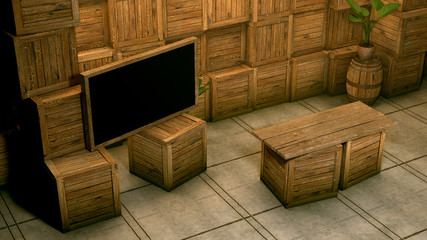 3D Rendering of wooden box virtual studio.