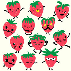 Cute strawberry character with arm and leg isolated on yellow background. Funny sweet berry face icon collection. Cartoon face food emoji. Strawberry emoticon.