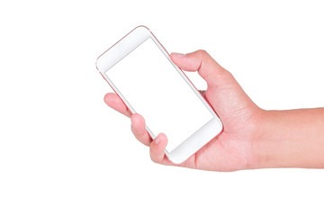 hand holding blank white screen smartphone as telecommunication and technology concept