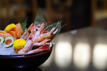 Mixed Seafood Sashimi Set Raw Food Japanese Style, Fresh Salmon, Fresh Amaebi (Sweet Shrimp) served...