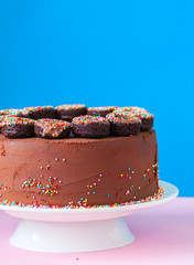 Rich chocolate birthday cake with colorful confetti and  baked chocolate doughnuts over blue and pink background