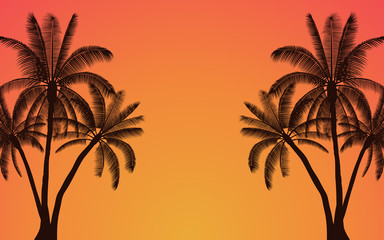 Obraz premium Sylwetka palmy i zachód słońca niebo w płaskiej konstrukcji ikona z tłem vintage filtra