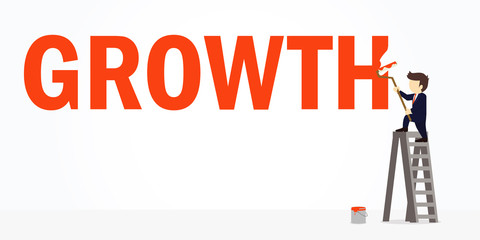 Businessman painting the word growth on a wall by climbing up a ladder. Vector illustration.