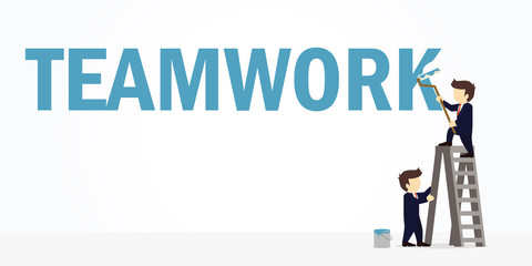 Businessman painting the word teamwork on a wall by climbing up a ladder. Vector illustration.