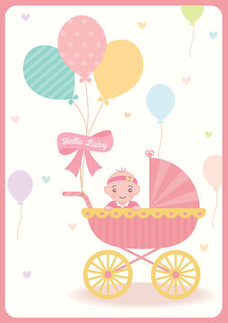 Baby girl shower greeting card for new born decorated with  baby carriage balloons on  pastel color background.