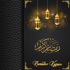 Ramadan kareem greeting card template with arabic lamp hanging