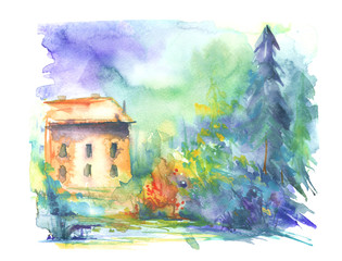 Summer, Autumn watercolor landscape. In the picture, a house, trees, bushes, spruce. Watercolor postcard, logo, illustration