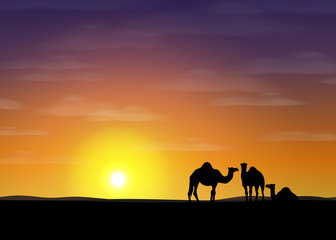 Naklejka na ściany i meble Desert with camels. Vector illustration.