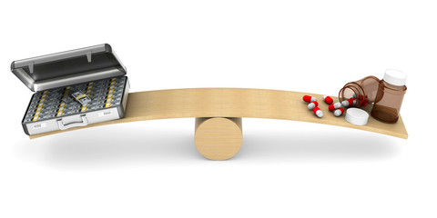 Medicines and money on scales. Isolated 3D illustration