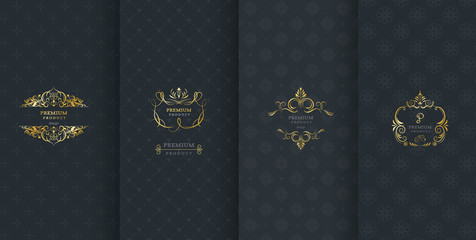 Collection of design elements,labels,icon,frames, for packaging,design of luxury products.Made with golden foil.Isolated on black background. vector illustration - obrazy, fototapety, plakaty