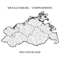 Detailed map of the federal State of Mecklenburg Vorpommern (Germany) with borders of municipalities, municipalities associations, districts, and state. Vector illustration
