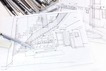 designers graphical sketches of living room interior and furniture blueprint with various drawing tools