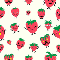 Cute strawberry character with arm and leg isolated on yellow background. Funny sweet berry face icon collection. Cartoon face food emoji. Strawberry emoticon.