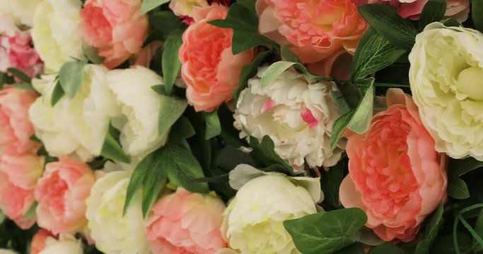 beautiful flower field yellow green white pink purple and red, lot of roses and Peonies stand in pots buckets, a Large Bouquet of Roses and Peonies