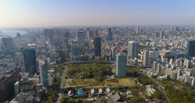 Aerial view of Tokyo skyline with morning light, Japan. Cityscape with downtown buildings.