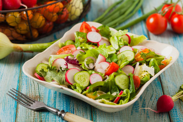 Fresh salad with radish, cucumber, colorful cherry tomatoes. Best for bbq.