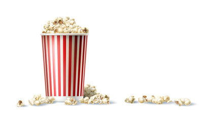 Vector illustration of a red and white cardboard bucket with popcorn in a realistic style isolated on white - obrazy, fototapety, plakaty