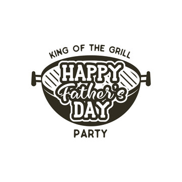 Happy Fathers Day Party Label. Vintage Design. Father Day Holiday Grill And Bbq Party Emblem Isolated On Scratched Background. Stock Vector Isolated On White Background