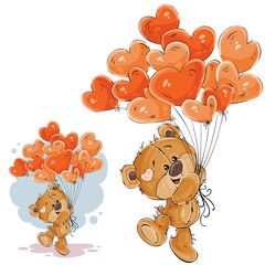 Naklejka premium Vector illustration of a brown teddy bear holding in its paw a red balloons in the shape of a heart. Print, template, design element