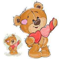 Obraz premium Vector illustration of a brown teddy bear holding a garland of red and pink hearts in its paws. Print, template, design element