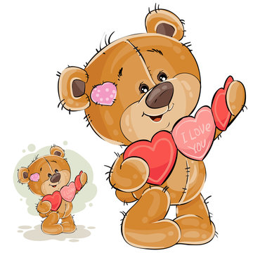 Vector illustration of a brown teddy bear holding a garland of red and pink hearts in its paws. Print, template, design element