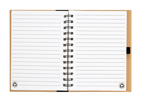 Open notebook with white lined pages isolated on white background.