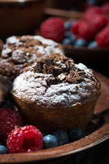 chocolate muffins and fresh berries for dessert, vertical closeup