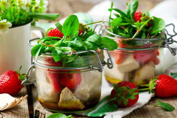strawberry chicken salad in a jar mason jar