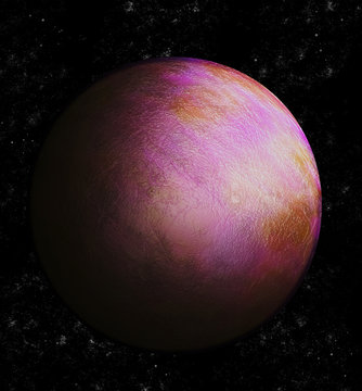 Isolated pink planet in dark universe 3D illustration