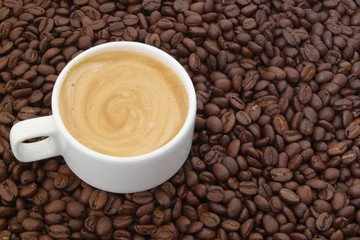 Cup of espresso coffee on roasted coffee beans background