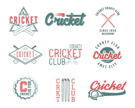 Set of retro cricket sports template logo designs. Use as icons, badges, label, emblems or print. Vector illustration sport championship. Isolated on white background