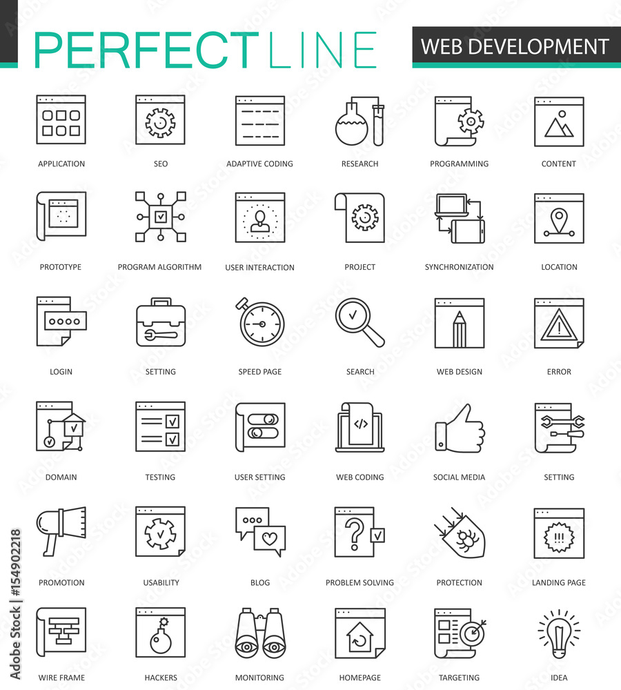 Aufkleber Web development thin line web icons set. SEO Online shopping Outline stroke icons design.
