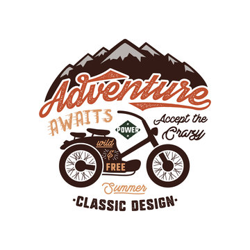 Vintage wanderlust hand drawn label design. Adventure Awaits sign and outdoor activity symbols - mountains, motorcycle. Retro colors. Isolated on white background. typography insignia
