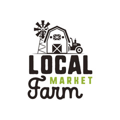 Fototapeta premium Local farm market logo design and label template. Included farmer symbols - tractor, barn, windmill. Black and green colors. Isolated on white background. Vector emblem