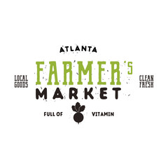 Farmers Market typography emblem design. Vintage roughen and hipster style. Bio, green eco logo template. Isolated on white background. Vector label