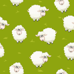 Seamless pattern with cute funny herd white sheeps on grass. Vector background