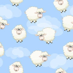 Fototapeta premium Seamless pattern with cute funny herd white sheeps on sky. Vector background