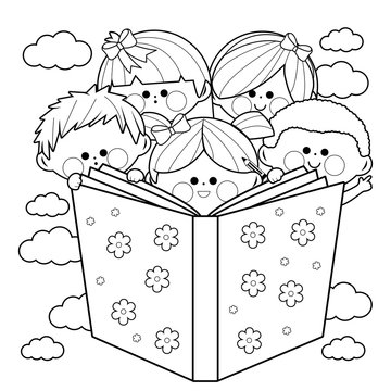 recommend clip art: Children reading a book. Vector black and white coloring page.