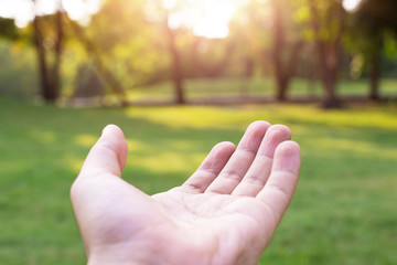 Praying Hands. Giving a helping hand, asking or offering help close-up shot of a Caucasian man in the park. hand with nature.