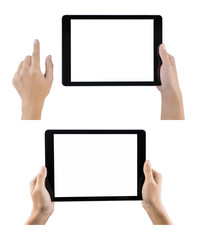 Hands holding tablet set on white background
