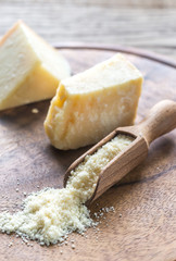 Parmesan cheese on the wooden board