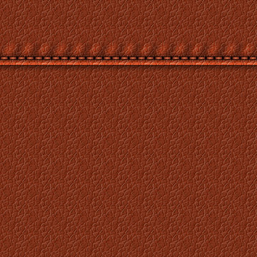 Realistic leather texture with a seam. Brown leather background with stitching. Vector illustration