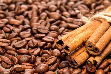 Coffee beans and cinnamon sticks