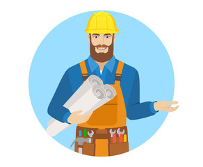 Worker holding the project plans and gesturing
