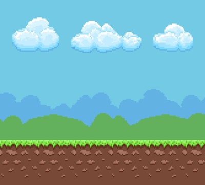Pixel 8bit game vector background with ground and cloudy sky panorama