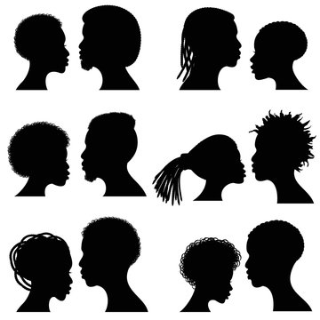 African female and male face vector silhouettes. Afro american couple portraits for wedding and romantic design