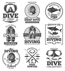 Fototapeta premium Underwater scuba diving club vector vintage emblems and labels